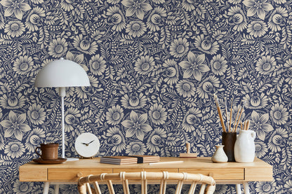 Blue and Beige Floral Wallpaper / Peel and Stick Wallpaper Removable Wallpaper Home Decor Wall Art Wall Decor Room Decor - D068