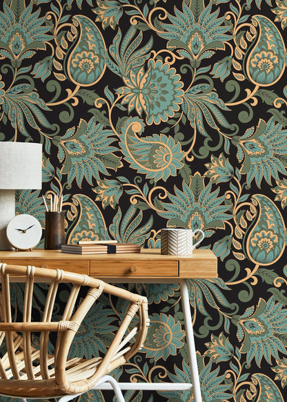 Green Victorian Vintage Wallpaper / Peel and Stick Wallpaper Removable Wallpaper Home Decor Wall Art Wall Decor Room Decor - D089