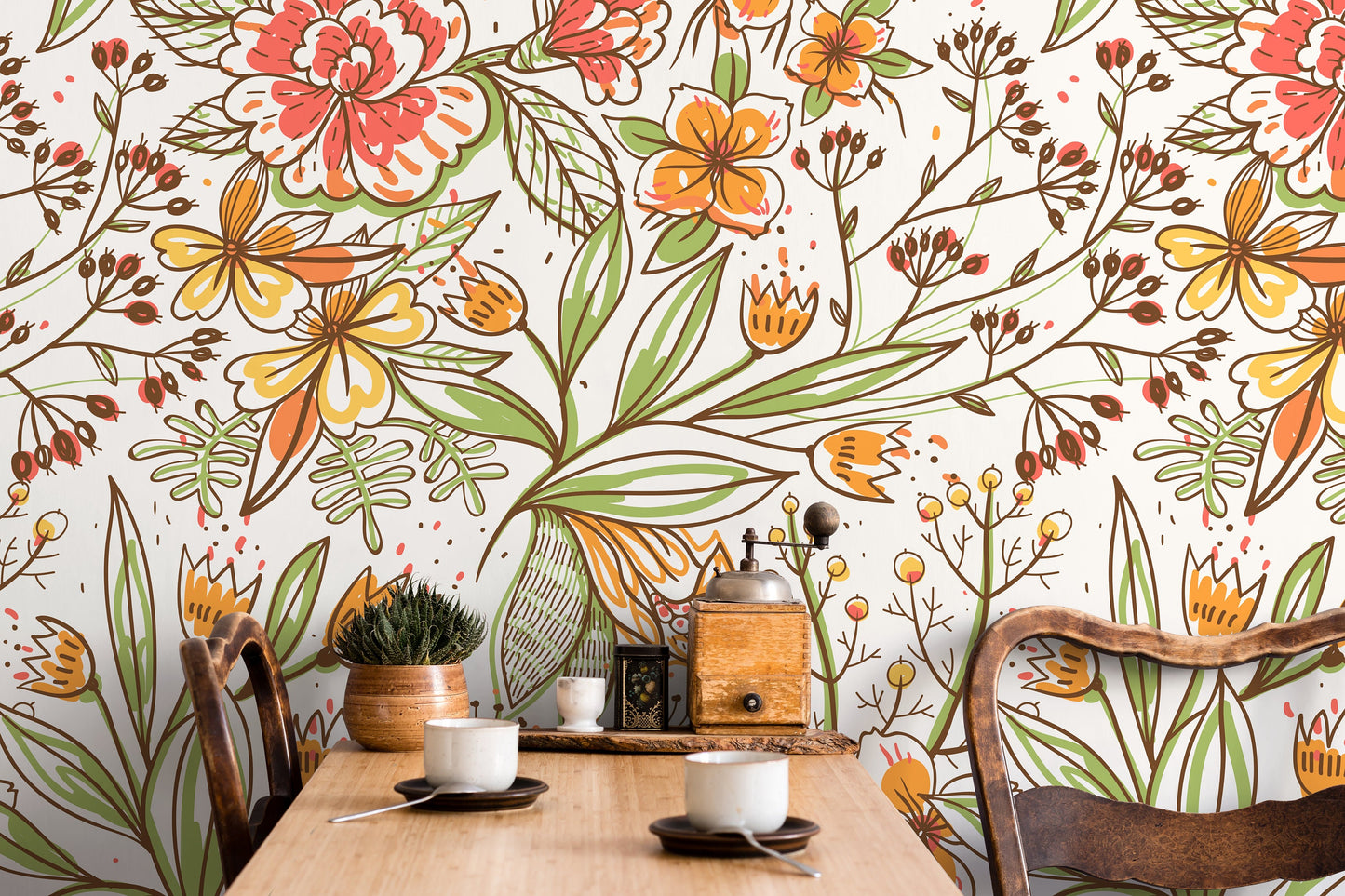 Floral Garden Hand Drawing Wallpaper / Peel and Stick Wallpaper Removable Wallpaper Home Decor Wall Art Wall Decor Room Decor - D141