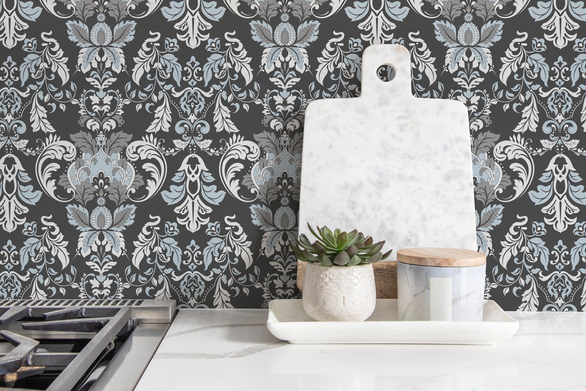 Gray and Blue Victorian Wallpaper / Peel and Stick Wallpaper Removable Wallpaper Home Decor Wall Art Wall Decor Room Decor - D099