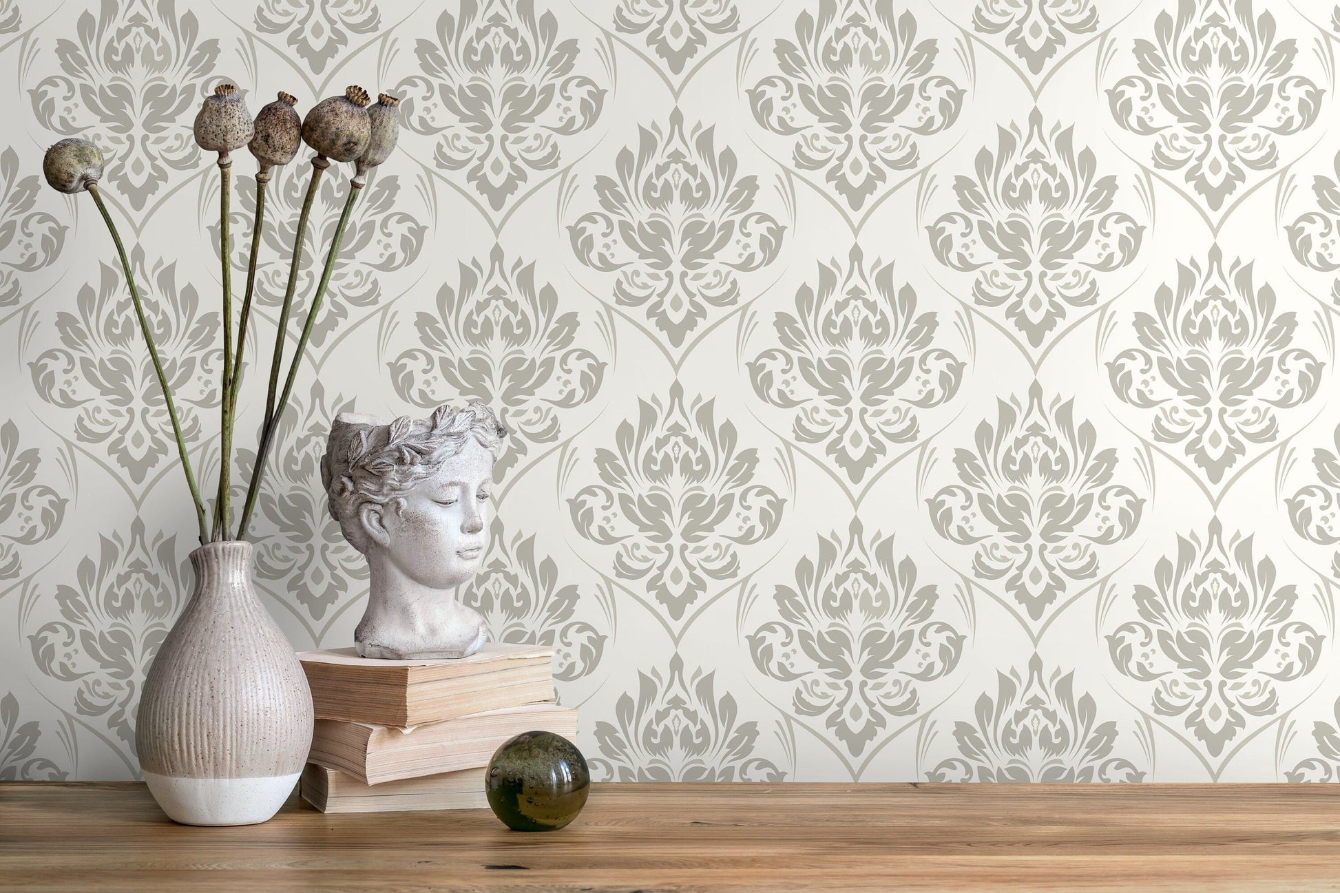 Neutral Damask Wallpaper / Peel and Stick Wallpaper Removable Wallpaper Home Decor Wall Art Wall Decor Room Decor - D229