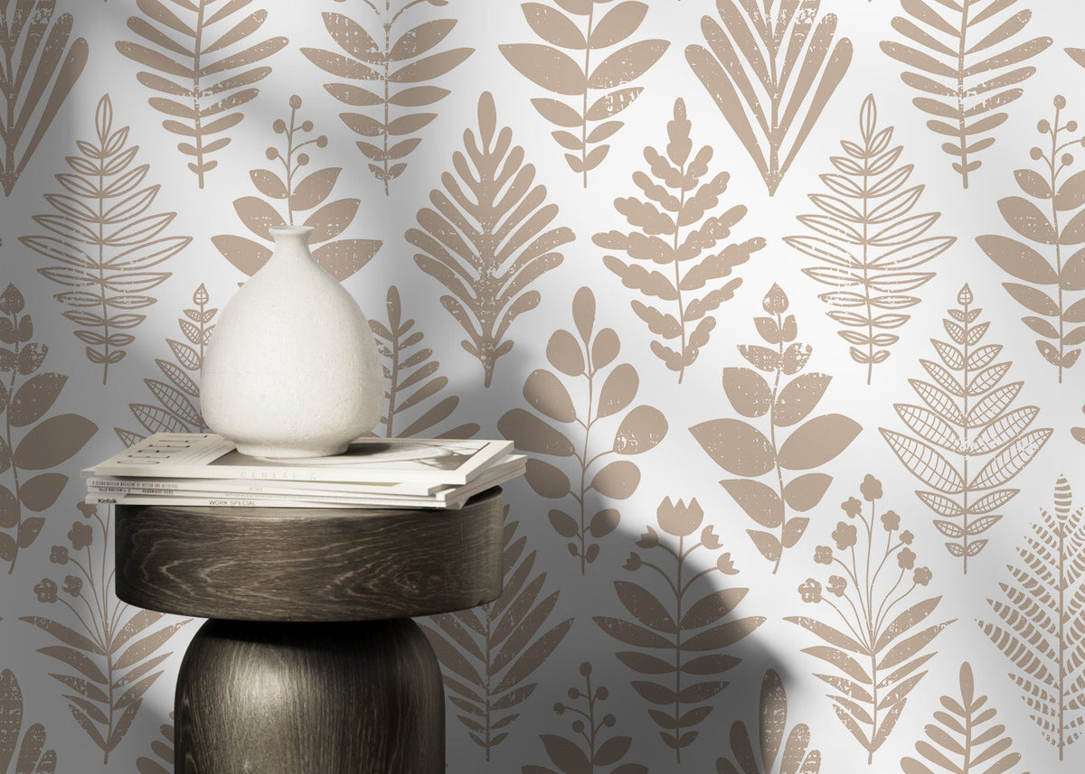 Neutral Boho Leaf Wallpaper / Peel and Stick Wallpaper Removable Wallpaper Home Decor Wall Art Wall Decor Room Decor - D182