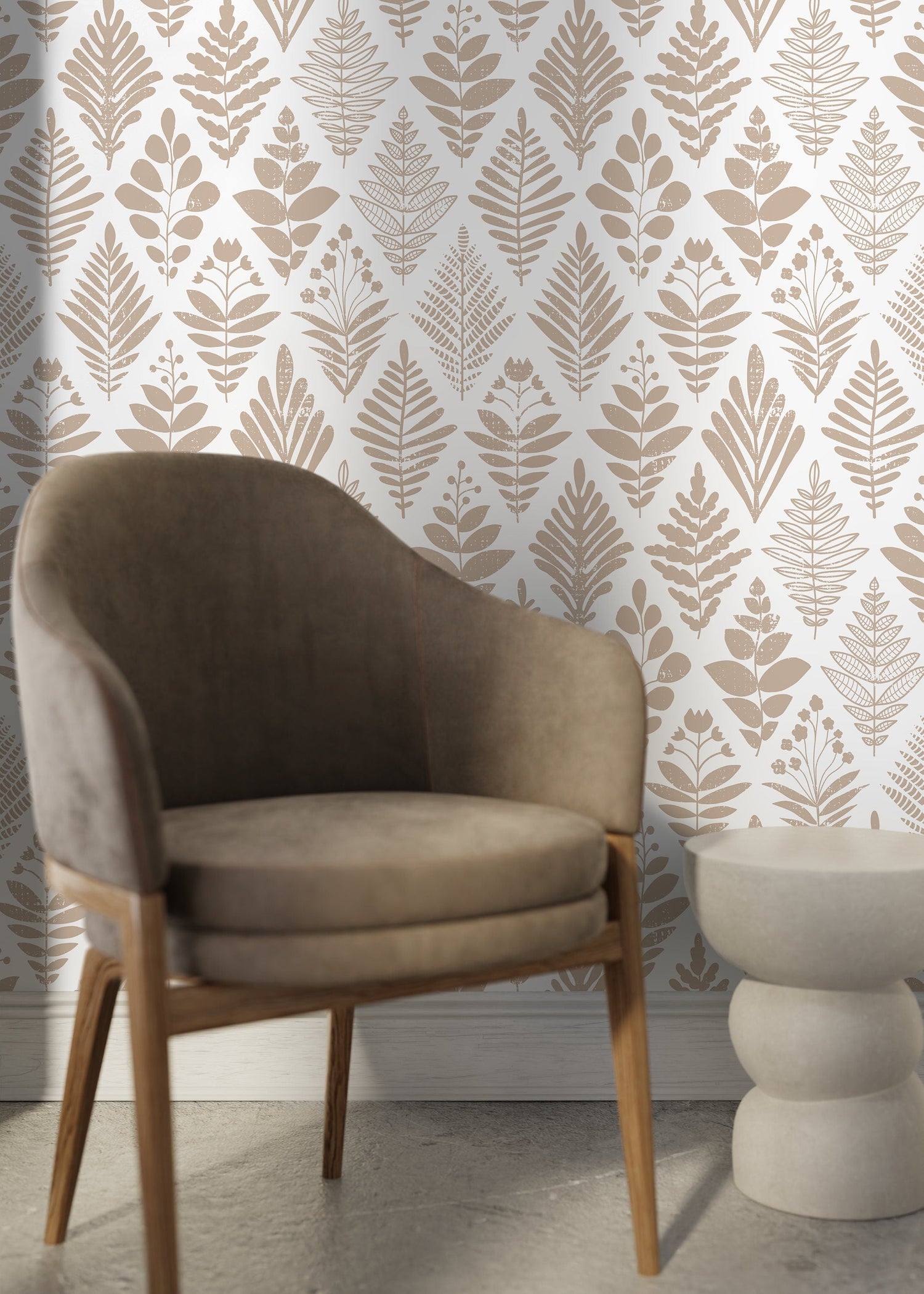 Neutral Boho Leaf Wallpaper / Peel and Stick Wallpaper Removable Wallpaper Home Decor Wall Art Wall Decor Room Decor - D182