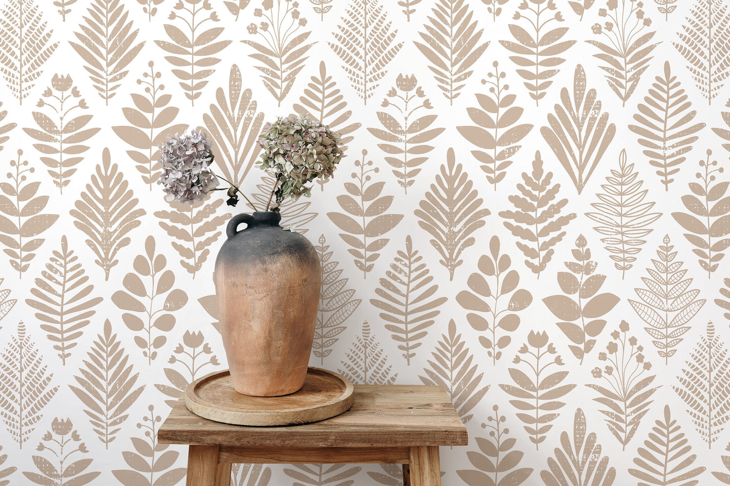 Neutral Boho Leaf Wallpaper / Peel and Stick Wallpaper Removable Wallpaper Home Decor Wall Art Wall Decor Room Decor - D182