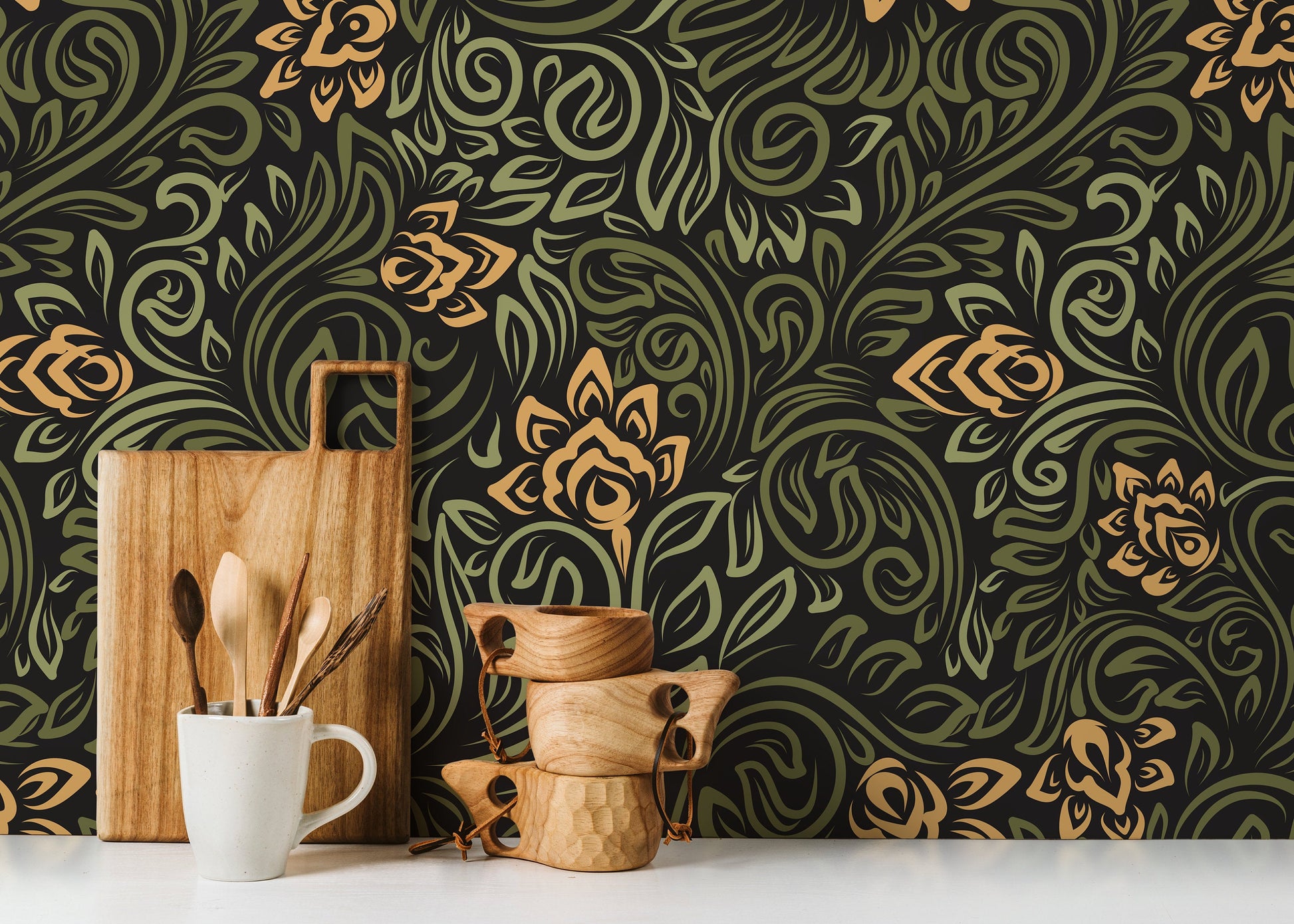 Green Modern Floral Wallpaper / Peel and Stick Wallpaper Removable Wallpaper Home Decor Wall Art Wall Decor Room Decor - D159