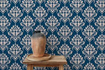 Blue and Beige Damask Wallpaper / Peel and Stick Wallpaper Removable Wallpaper Home Decor Wall Art Wall Decor Room Decor - D227