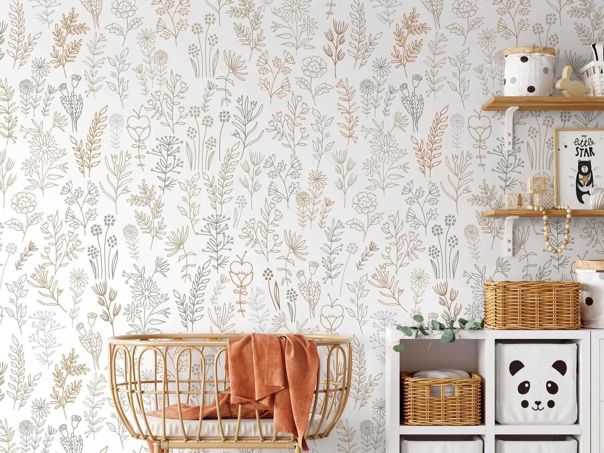 Light Boho Wildflowers Wallpaper / Peel and Stick Wallpaper Removable Wallpaper Home Decor Wall Art Wall Decor Room Decor - D236