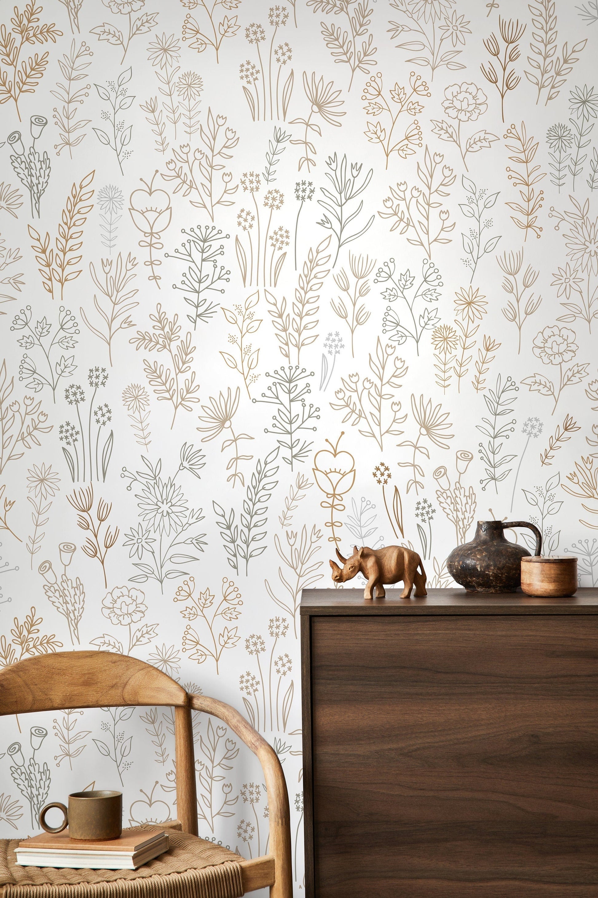 Light Boho Wildflowers Wallpaper / Peel and Stick Wallpaper Removable Wallpaper Home Decor Wall Art Wall Decor Room Decor - D236