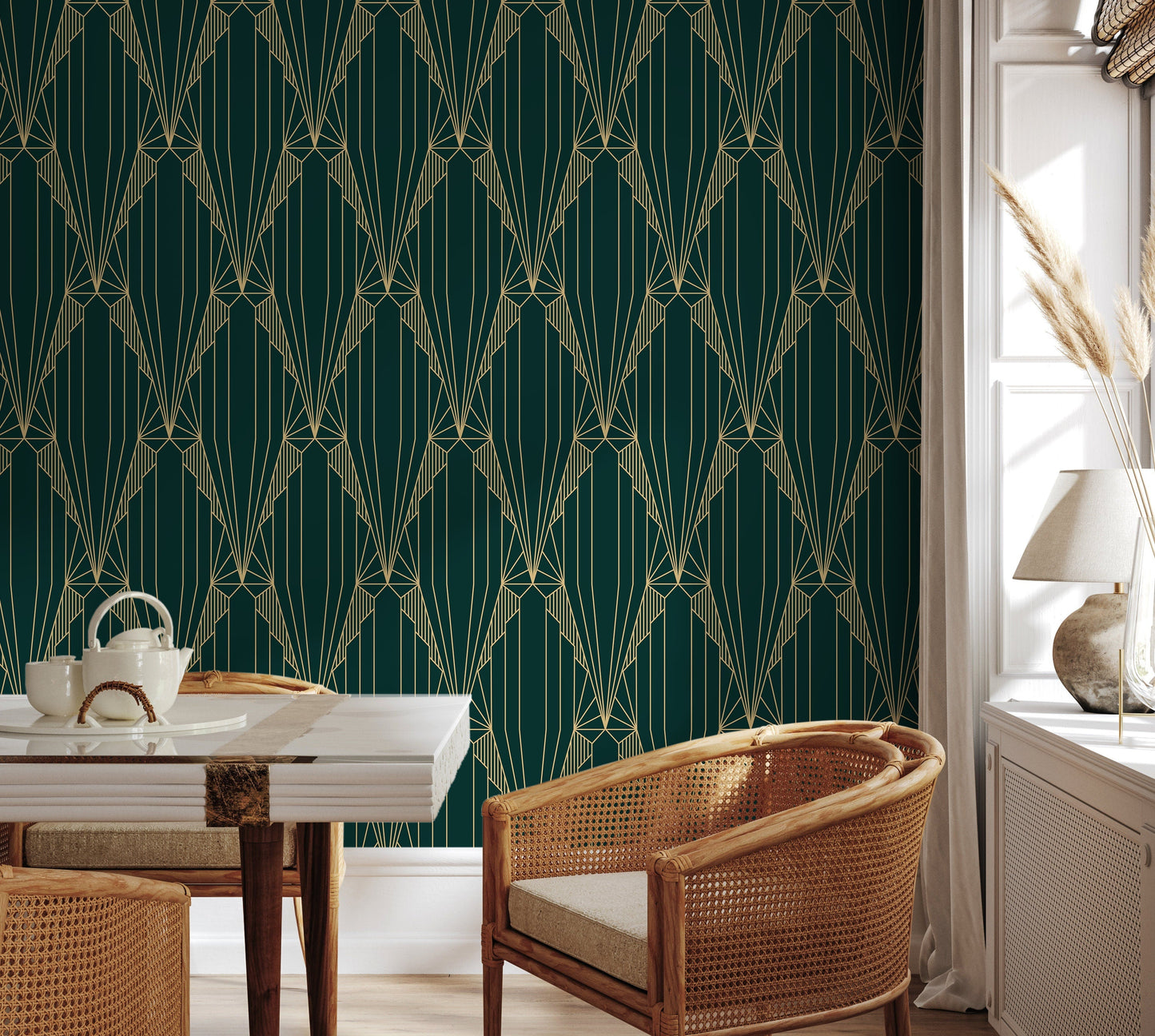 Elegant Green Geometric Wallpaper / Peel and Stick Wallpaper Removable Wallpaper Home Decor Wall Art Wall Decor Room Decor - D243