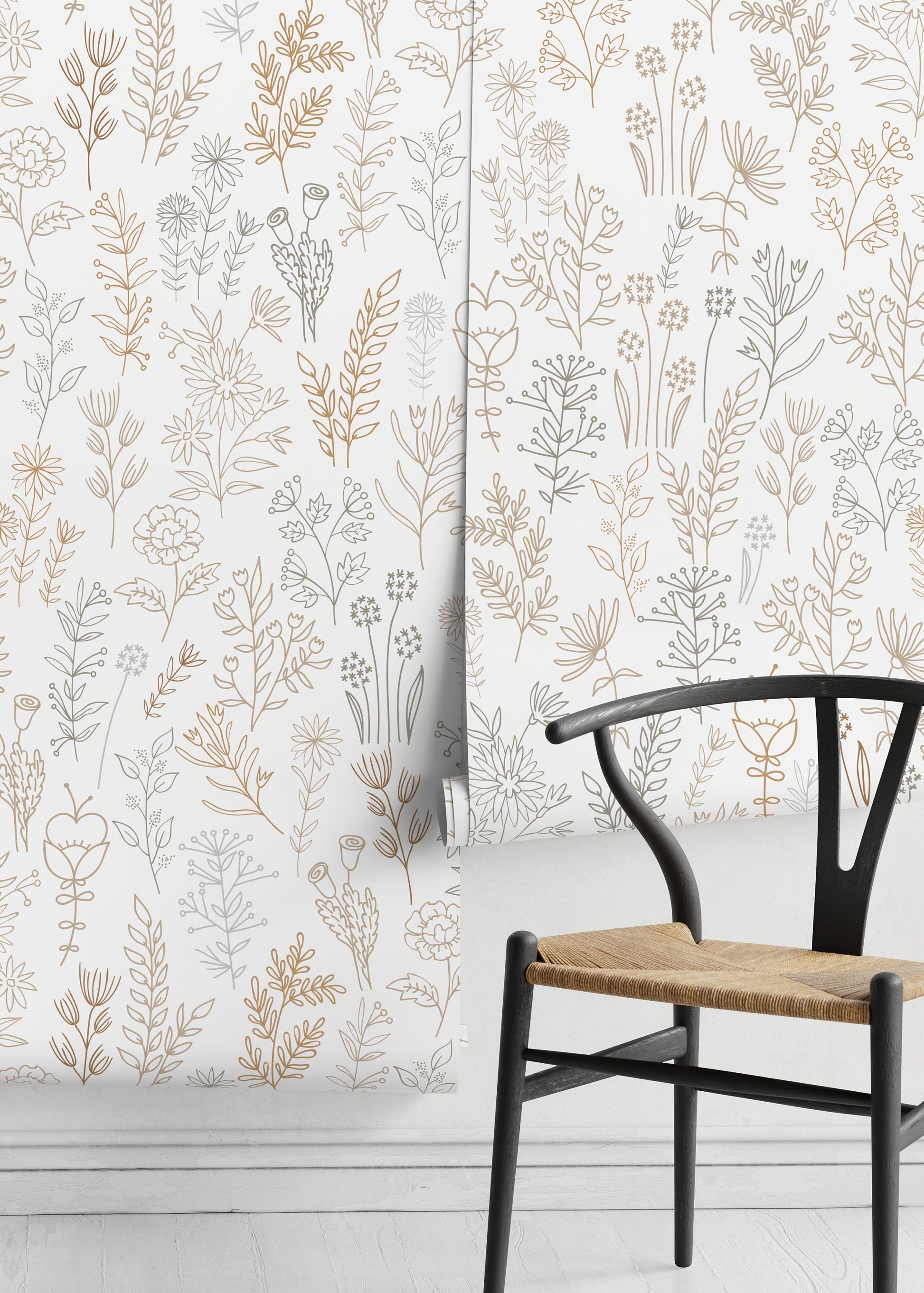 Light Boho Wildflowers Wallpaper / Peel and Stick Wallpaper Removable Wallpaper Home Decor Wall Art Wall Decor Room Decor - D236