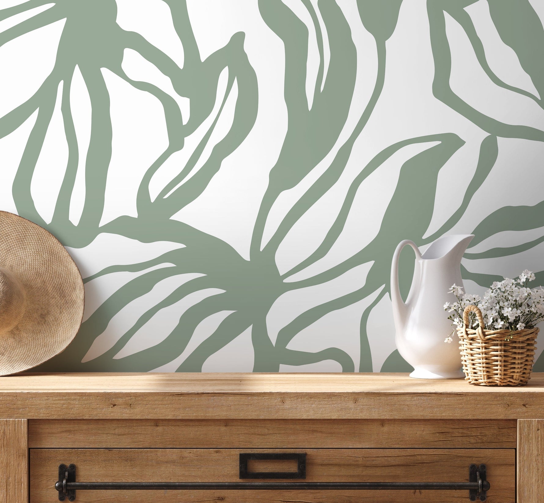 Green Abstract Floral Wallpaper / Peel and Stick Wallpaper Removable Wallpaper Home Decor Wall Art Wall Decor Room Decor - D288