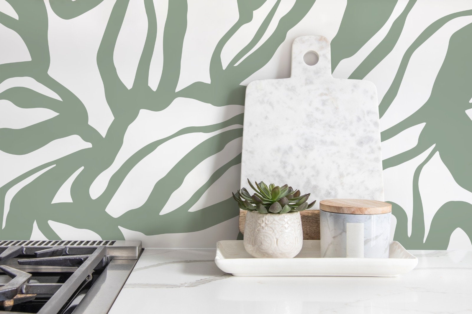 Green Abstract Floral Wallpaper / Peel and Stick Wallpaper Removable Wallpaper Home Decor Wall Art Wall Decor Room Decor - D288
