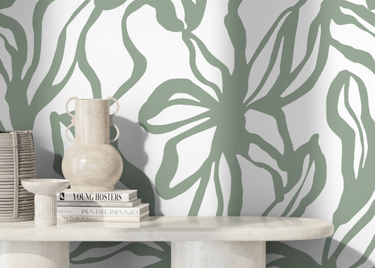 Green Abstract Floral Wallpaper / Peel and Stick Wallpaper Removable Wallpaper Home Decor Wall Art Wall Decor Room Decor - D288