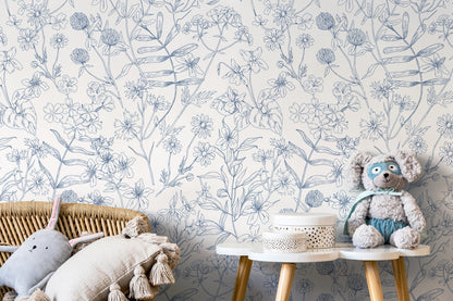 Blue Wildflowers Wallpaper / Peel and Stick Wallpaper Removable Wallpaper Home Decor Wall Art Wall Decor Room Decor - D307