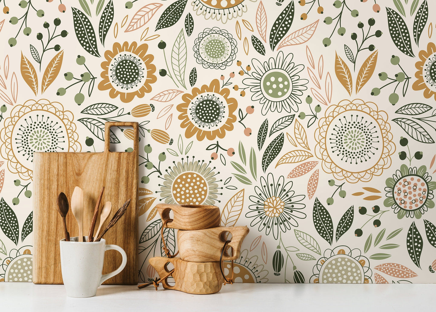 Boho Floral Garden Wallpaper / Peel and Stick Wallpaper Removable Wallpaper Home Decor Wall Art Wall Decor Room Decor - D284