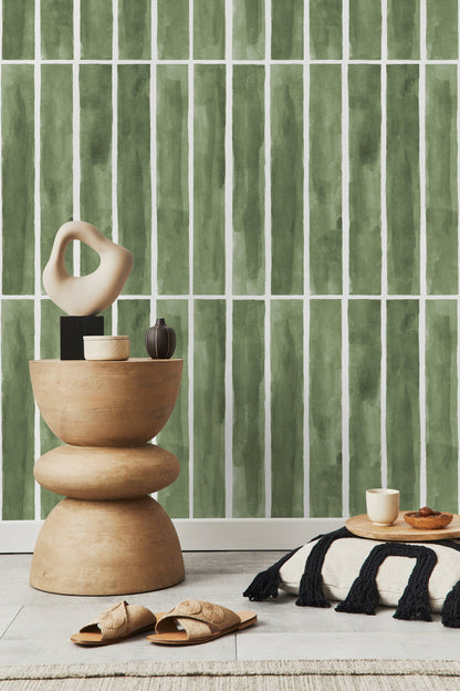 Green Modern Striped Wallpaper / Peel and Stick Wallpaper Removable Wallpaper Home Decor Wall Art Wall Decor Room Decor - D325