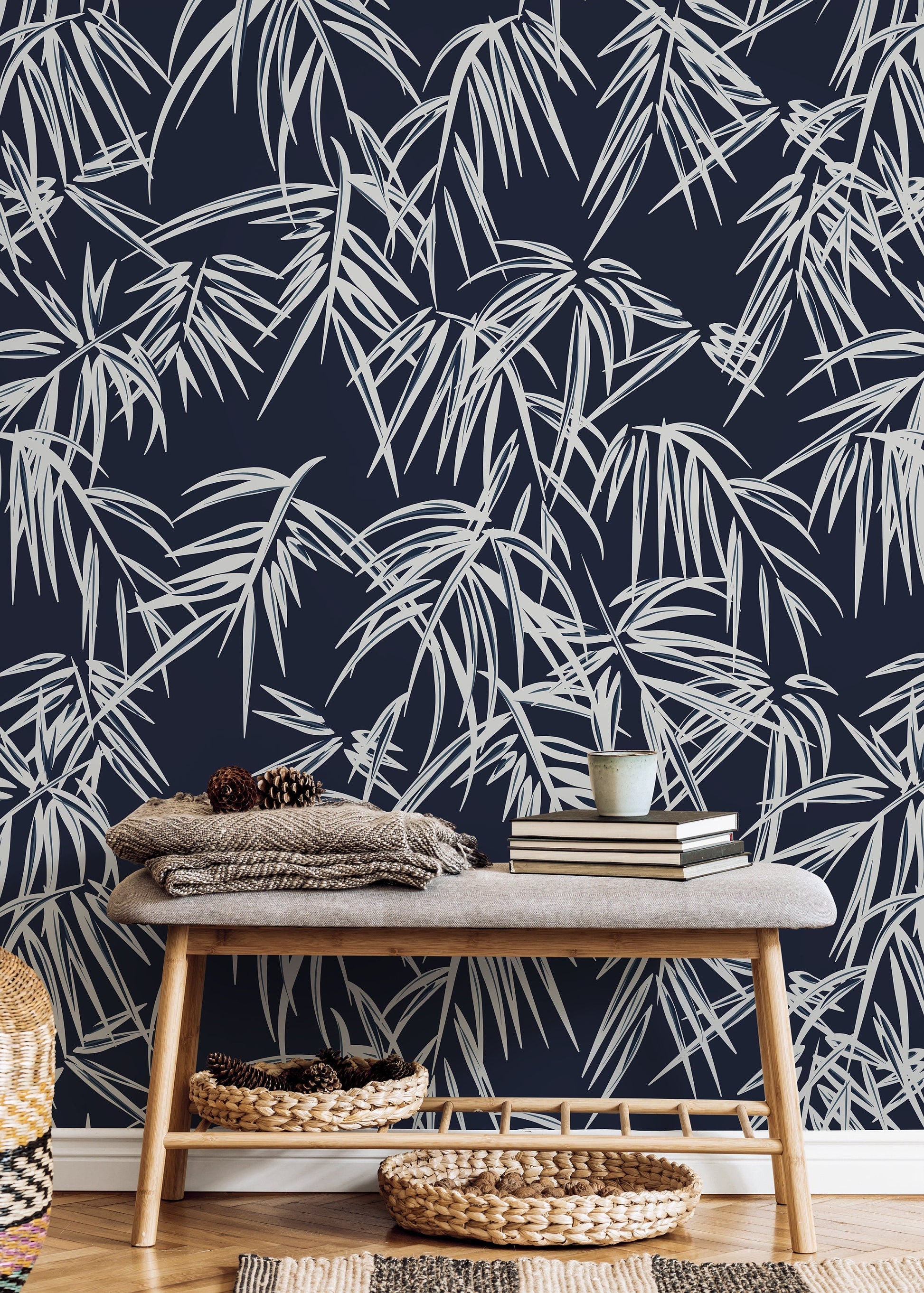 Navy Tropical Wallpaper / Peel and Stick Wallpaper Removable Wallpaper Home Decor Wall Art Wall Decor Room Decor - D335