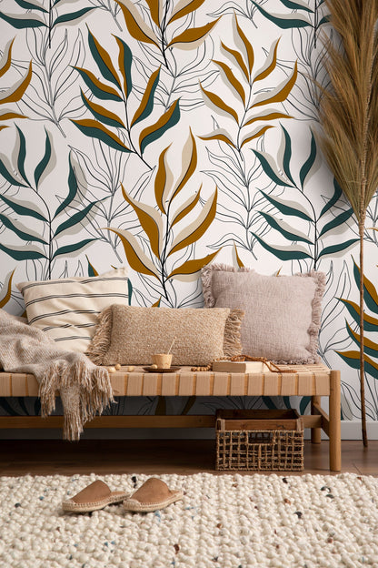 Boho Tropical Leaf Wallpaper / Peel and Stick Wallpaper Removable Wallpaper Home Decor Wall Art Wall Decor Room Decor - D253