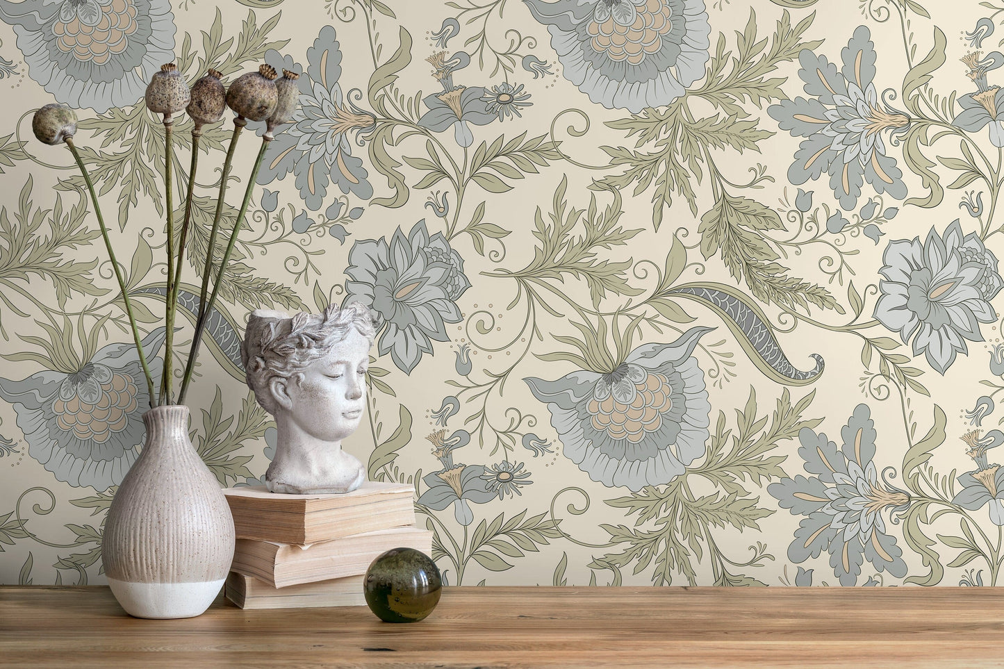 Green Floral Vintage Wallpaper / Peel and Stick Wallpaper Removable Wallpaper Home Decor Wall Art Wall Decor Room Decor - D273