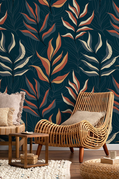 Dark Tropical Leaf Wallpaper / Peel and Stick Wallpaper Removable Wallpaper Home Decor Wall Art Wall Decor Room Decor - D254