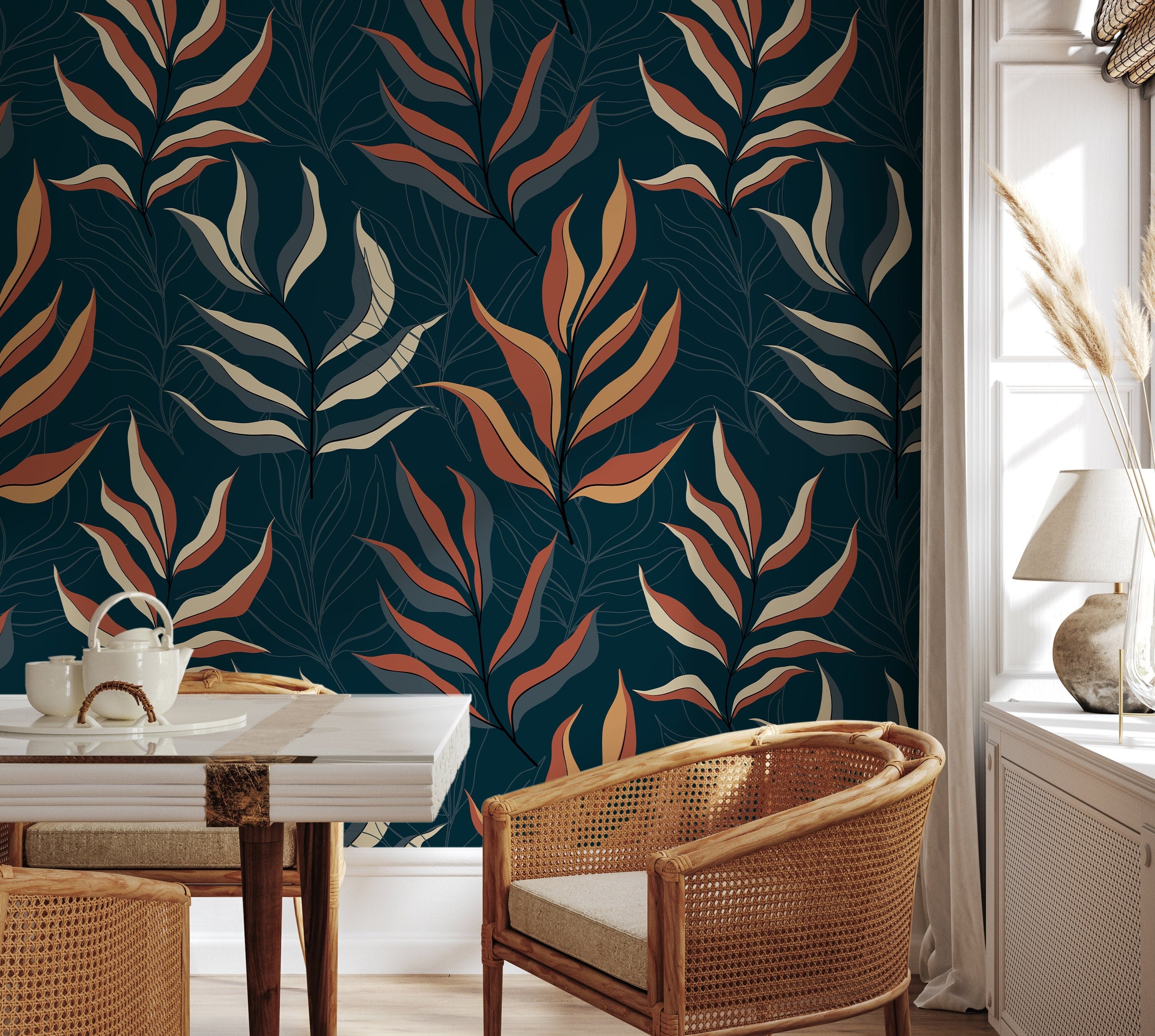 Tropical Removable Wallpaper, Tropical orders Leaves Peel and Stick Wall Decor, Botanical Traditional Wall Covering, W159