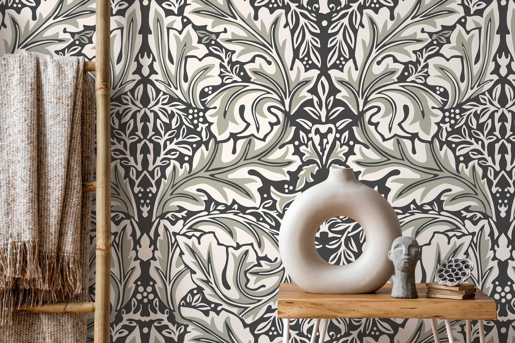 Green Vintage Victorian Wallpaper / Peel and Stick Wallpaper Removable Wallpaper Home Decor Wall Art Wall Decor Room Decor - D266