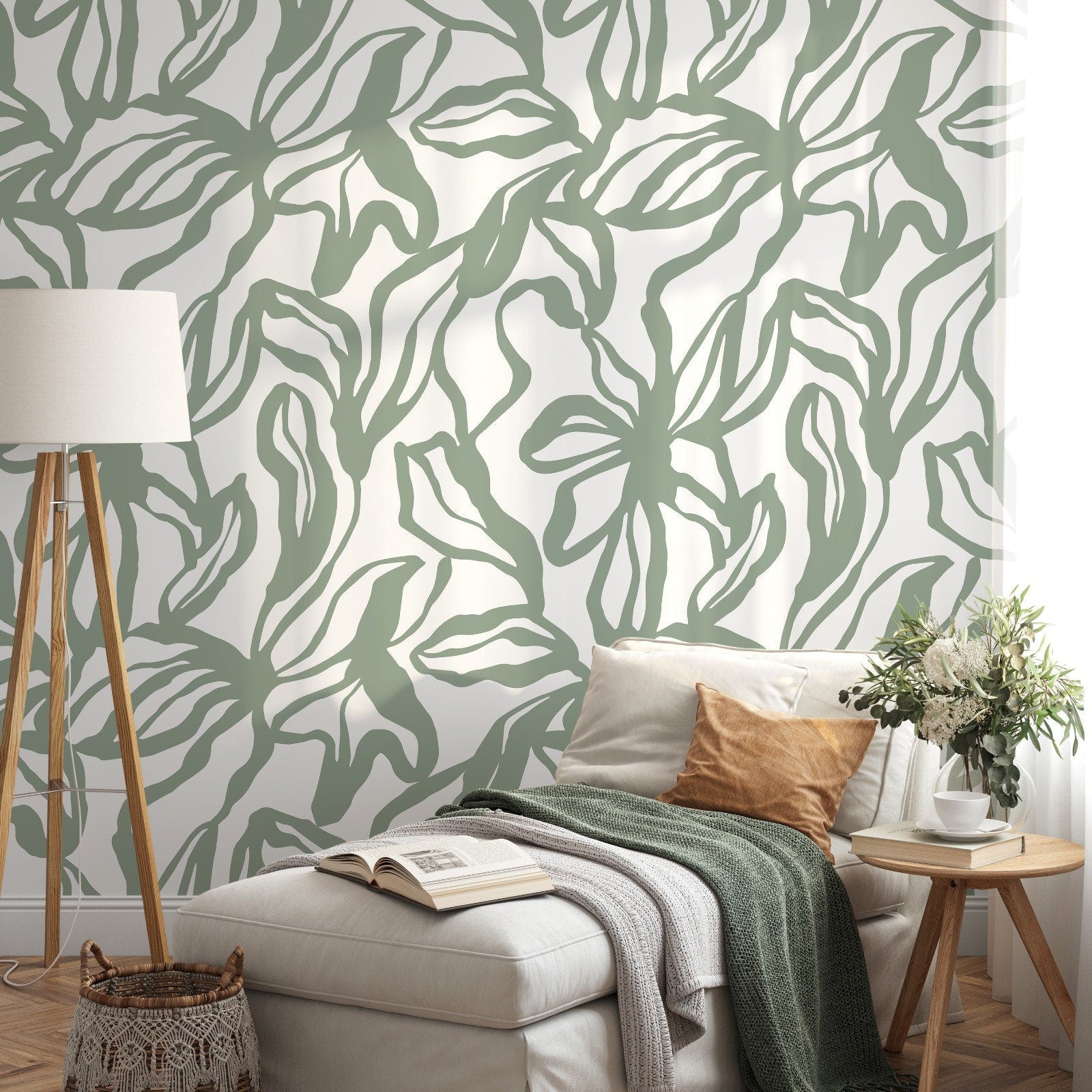 Green Abstract Floral Wallpaper / Peel and Stick Wallpaper Removable Wallpaper Home Decor Wall Art Wall Decor Room Decor - D288