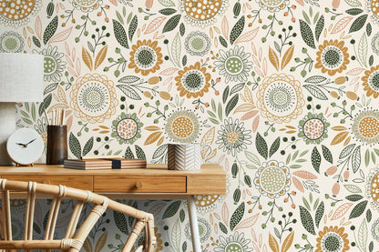 Boho Floral Garden Wallpaper / Peel and Stick Wallpaper Removable Wallpaper Home Decor Wall Art Wall Decor Room Decor - D284