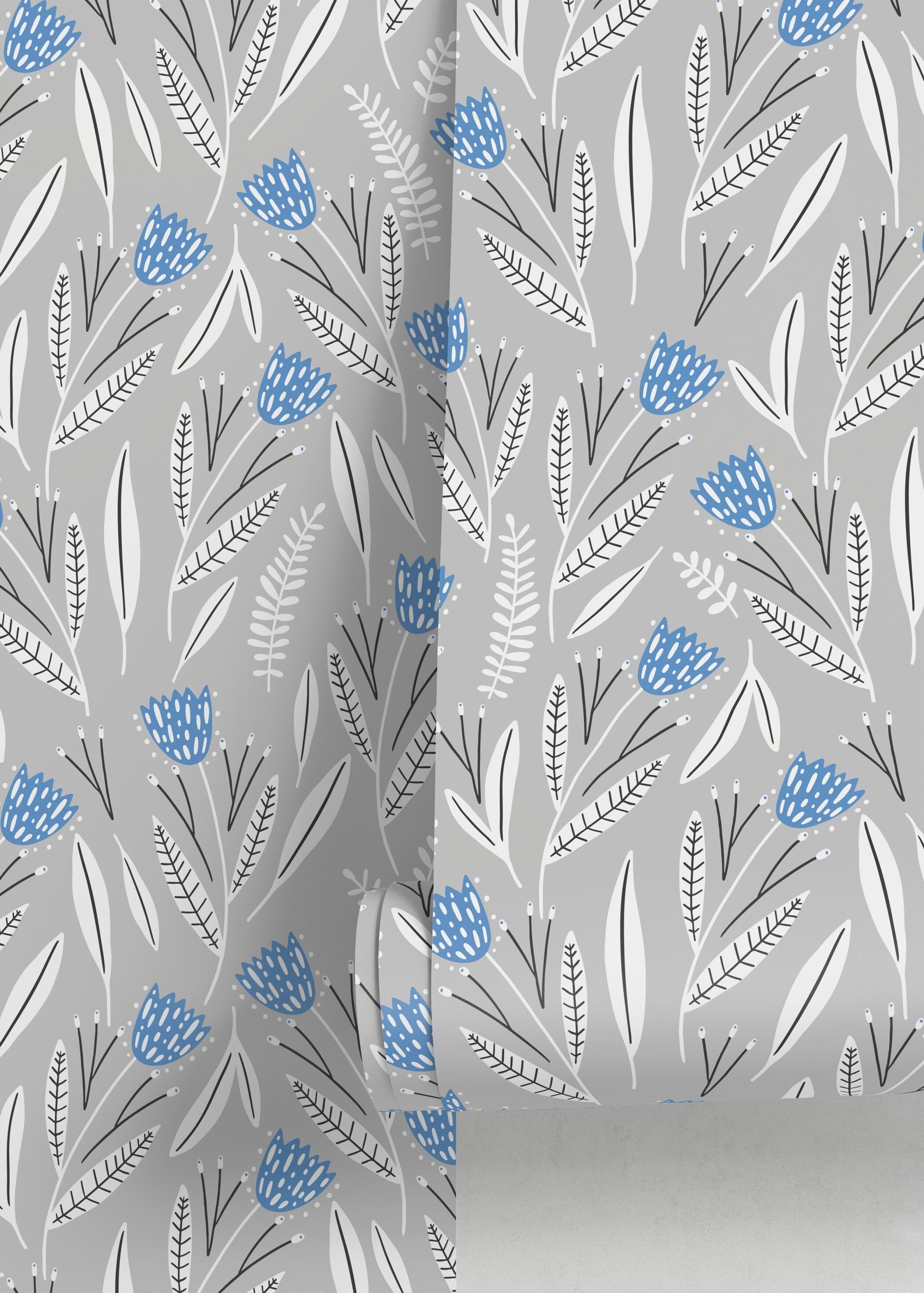 Blue and Gray Floral Wallpaper / Peel and Stick Wallpaper Removable Wallpaper Home Decor Wall Art Wall Decor Room Decor - D388