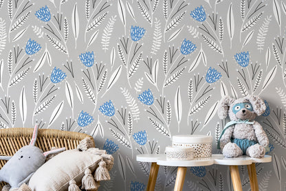 Blue and Gray Floral Wallpaper / Peel and Stick Wallpaper Removable Wallpaper Home Decor Wall Art Wall Decor Room Decor - D388