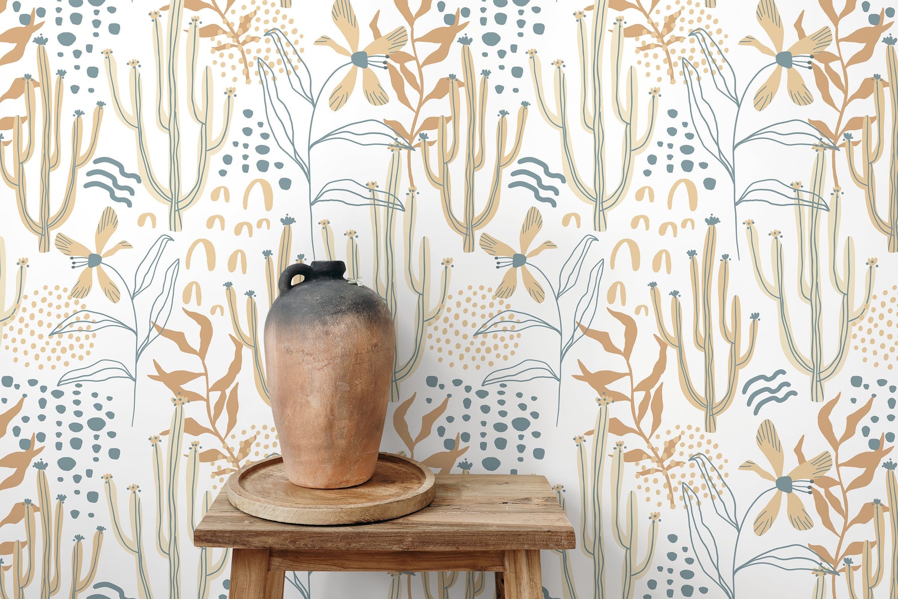 Boho Floral and Cactus Wallpaper / Peel and Stick Wallpaper Removable Wallpaper Home Decor Wall Art Wall Decor Room Decor - D314