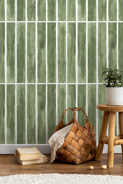 Green Modern Striped Wallpaper / Peel and Stick Wallpaper Removable Wallpaper Home Decor Wall Art Wall Decor Room Decor - D325