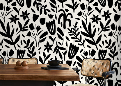 Black and White Floral Wallpaper / Peel and Stick Wallpaper Removable Wallpaper Home Decor Wall Art Wall Decor Room Decor - D370