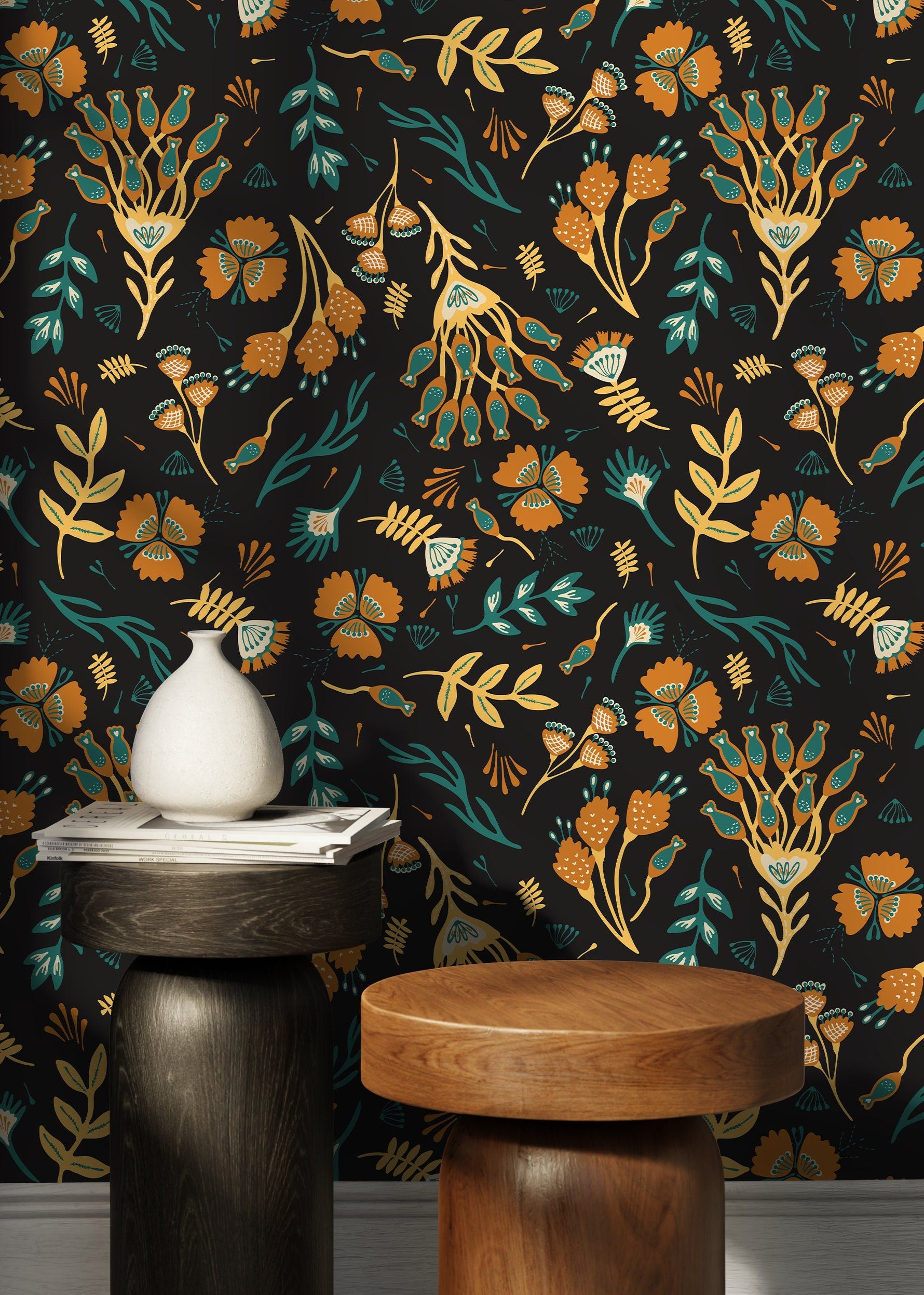 Brown and Yellow Floral Wallpaper / Peel and Stick Wallpaper Removable Wallpaper Home Decor Wall Art Wall Decor Room Decor - D360