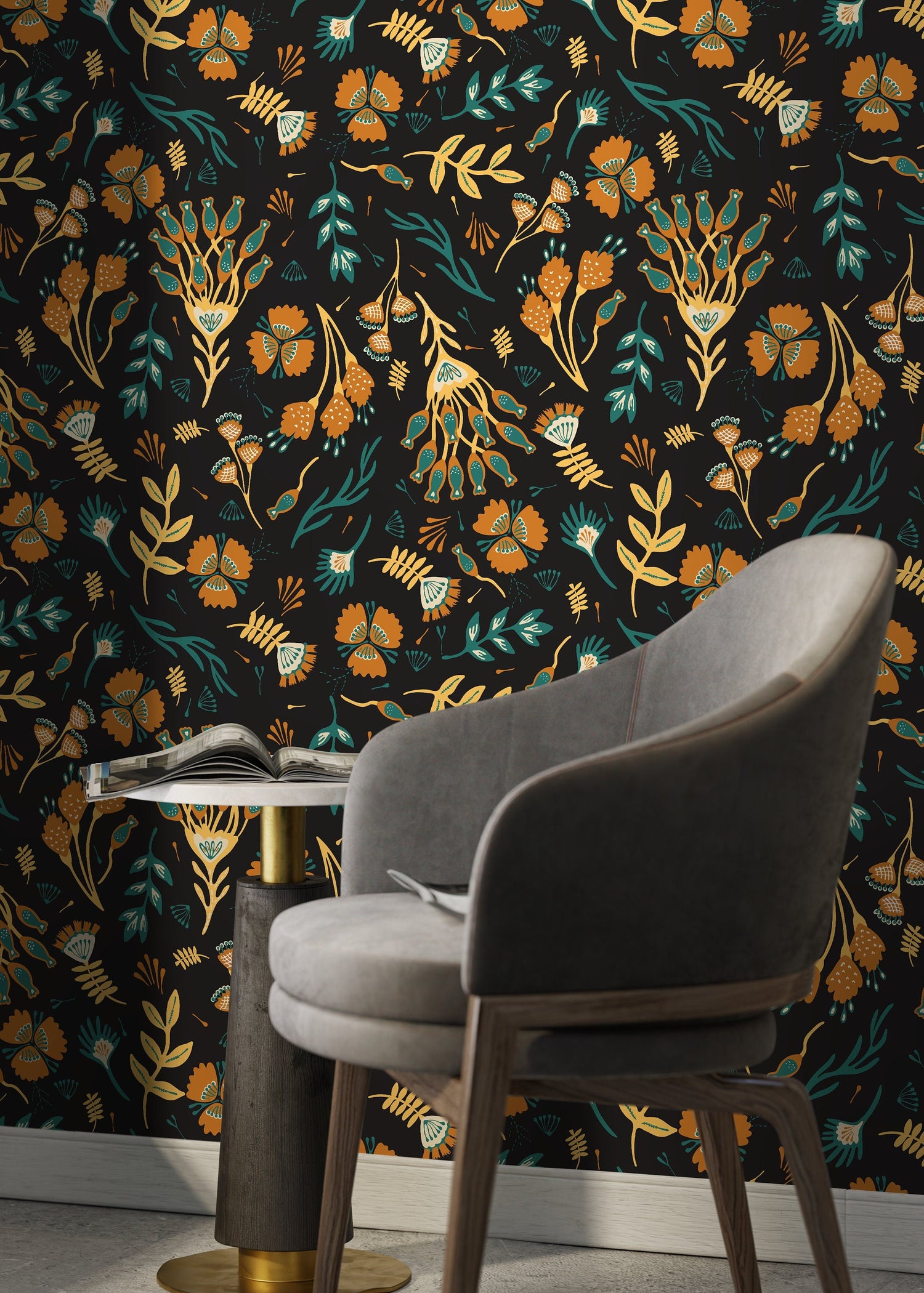 Brown and Yellow Floral Wallpaper / Peel and Stick Wallpaper Removable Wallpaper Home Decor Wall Art Wall Decor Room Decor - D360