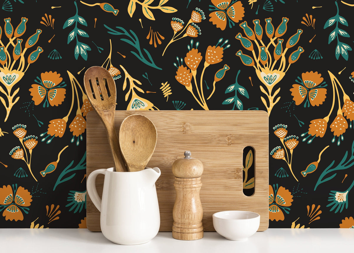 Brown and Yellow Floral Wallpaper / Peel and Stick Wallpaper Removable Wallpaper Home Decor Wall Art Wall Decor Room Decor - D360