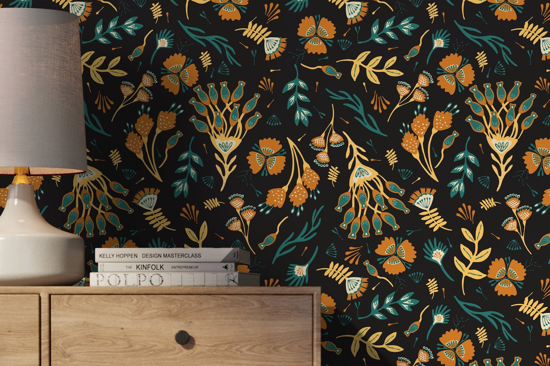Brown and Yellow Floral Wallpaper / Peel and Stick Wallpaper Removable Wallpaper Home Decor Wall Art Wall Decor Room Decor - D360