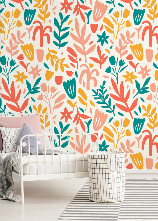 Colorful Floral Wallpaper / Peel and Stick Wallpaper Removable Wallpaper Home Decor Wall Art Wall Decor Room Decor - D371