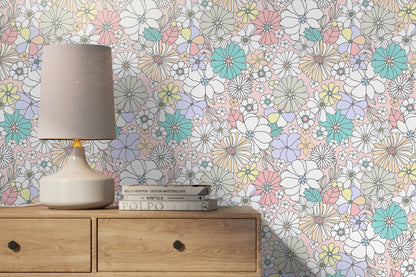 Pastel Retro Floral Wallpaper / Peel and Stick Wallpaper Removable Wallpaper Home Decor Wall Art Wall Decor Room Decor - D376