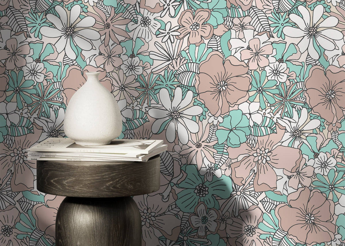 Retro Floral Wallpaper / Peel and Stick Wallpaper Removable Wallpaper Home Decor Wall Art Wall Decor Room Decor - D381