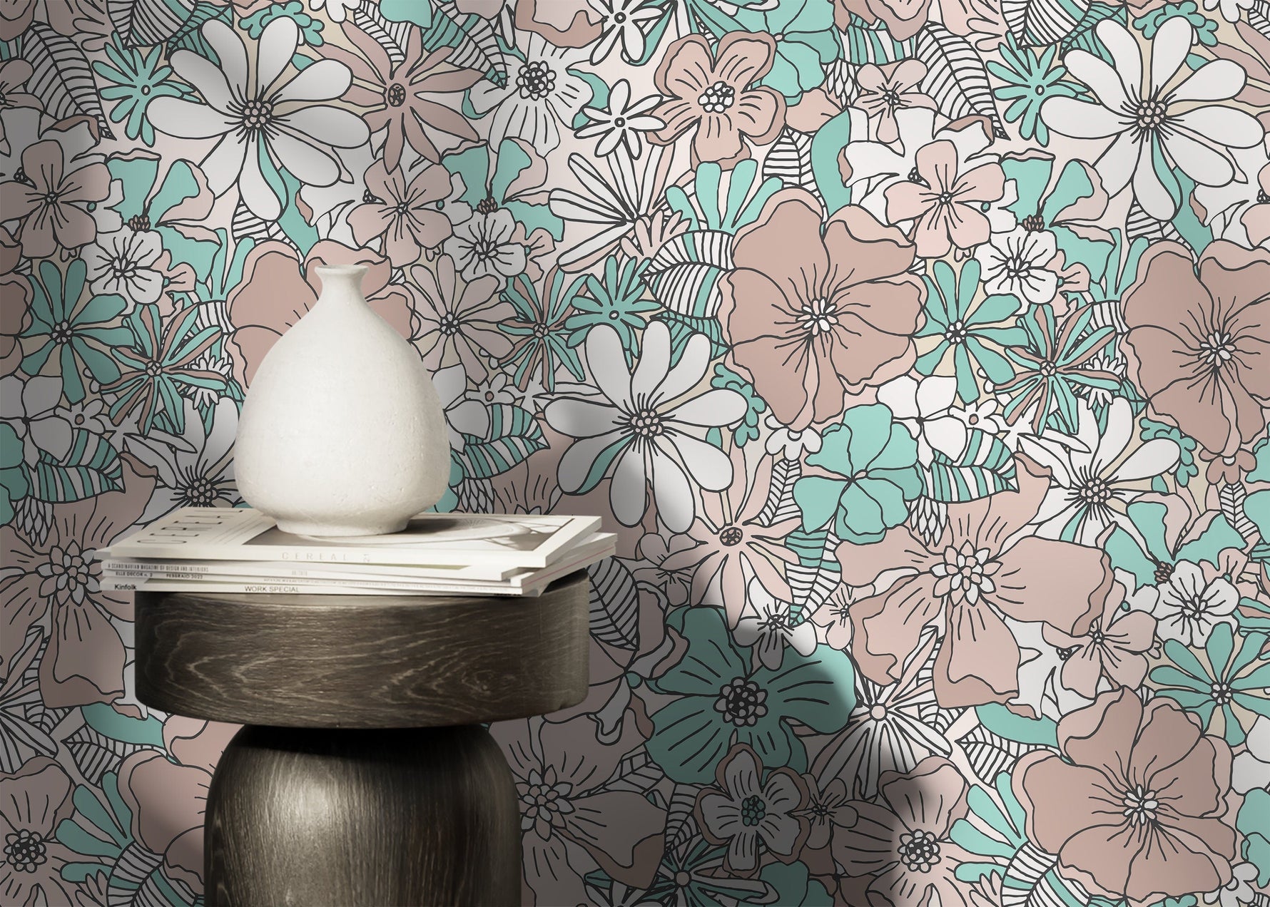 Retro Floral Wallpaper / Peel and Stick Wallpaper Removable Wallpaper Home Decor Wall Art Wall Decor Room Decor - D381