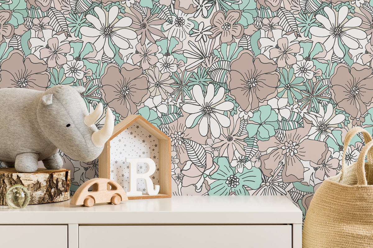 Retro Floral Wallpaper / Peel and Stick Wallpaper Removable Wallpaper Home Decor Wall Art Wall Decor Room Decor - D381