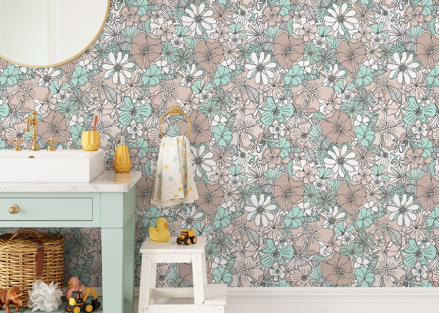 Retro Floral Wallpaper / Peel and Stick Wallpaper Removable Wallpaper Home Decor Wall Art Wall Decor Room Decor - D381