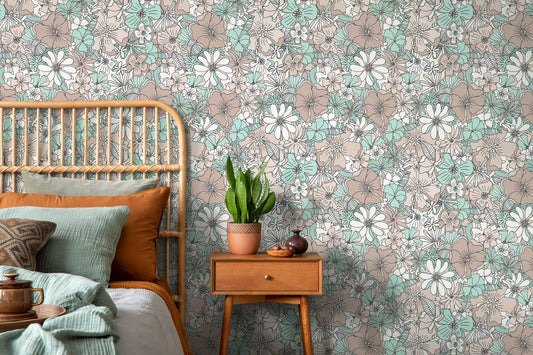 Retro Floral Wallpaper / Peel and Stick Wallpaper Removable Wallpaper Home Decor Wall Art Wall Decor Room Decor - D381