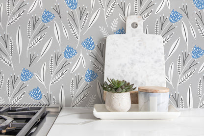 Blue and Gray Floral Wallpaper / Peel and Stick Wallpaper Removable Wallpaper Home Decor Wall Art Wall Decor Room Decor - D388