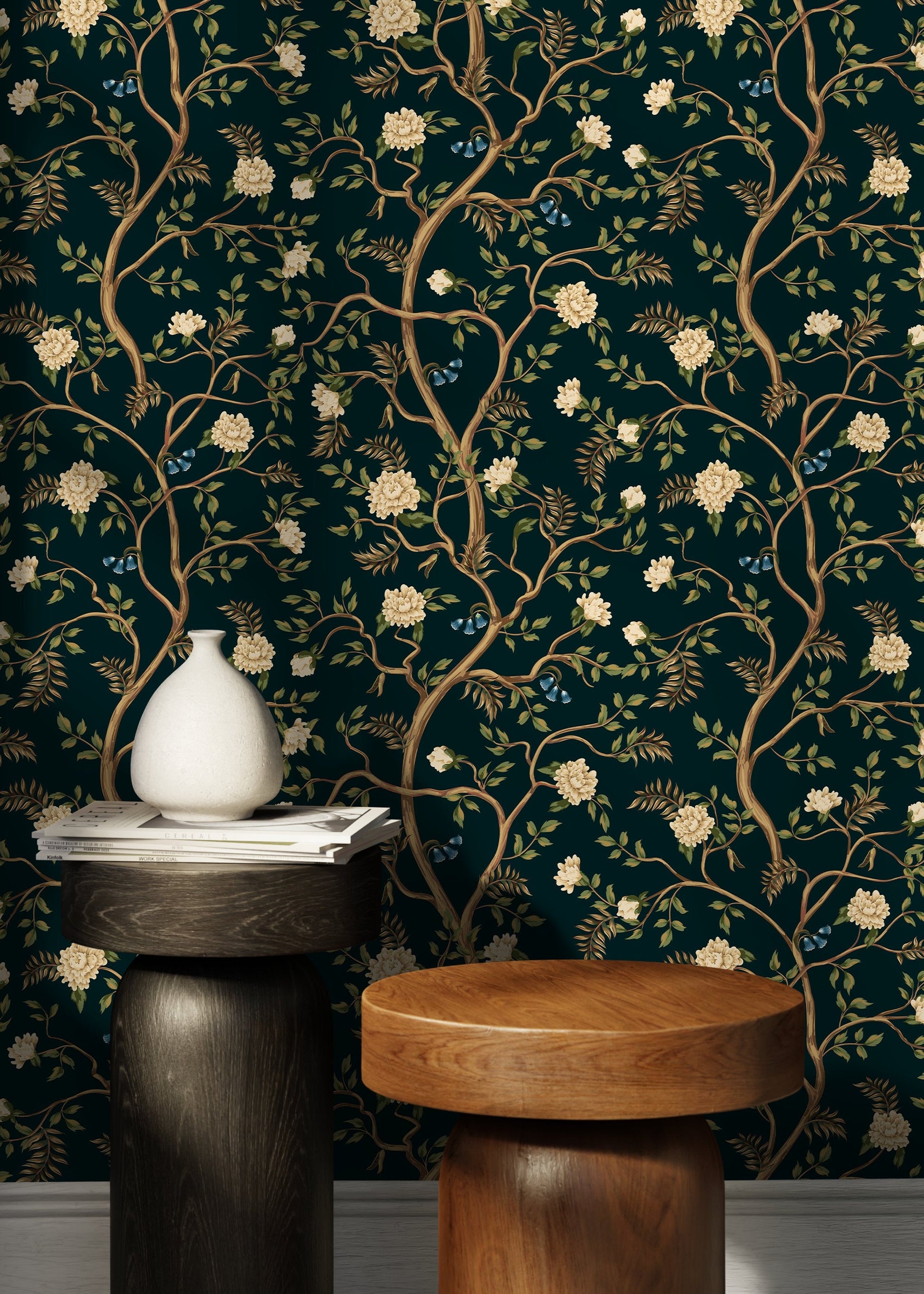 Dark Chinoiserie Garden Wallpaper / Peel and Stick Wallpaper Removable Wallpaper Home Decor Wall Art Wall Decor Room Decor - D501