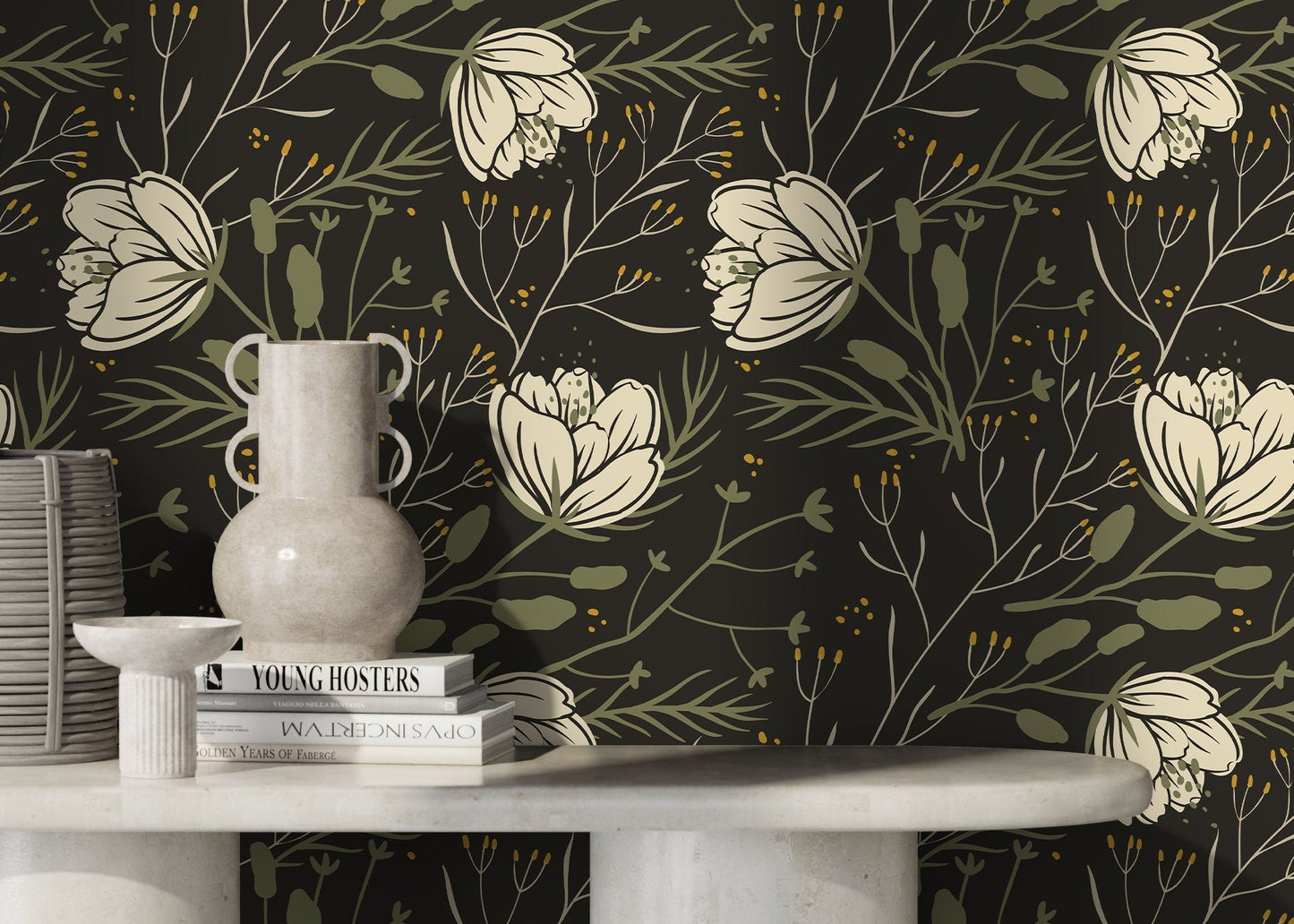 Dark Floral Scandinavian Wallpaper / Peel and Stick Wallpaper Removable Wallpaper Home Decor Wall Art Wall Decor Room Decor - D149