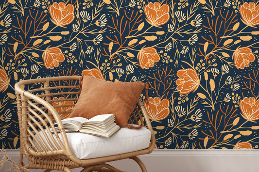 Floral Autumn Wallpaper / Peel and Stick Wallpaper Removable Wallpaper Home Decor Wall Art Wall Decor Room Decor - D152