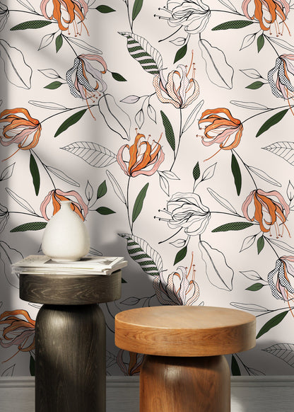 Boho Lily Flower Wallpaper / Peel and Stick Wallpaper Removable Wallpaper Home Decor Wall Art Wall Decor Room Decor - D199