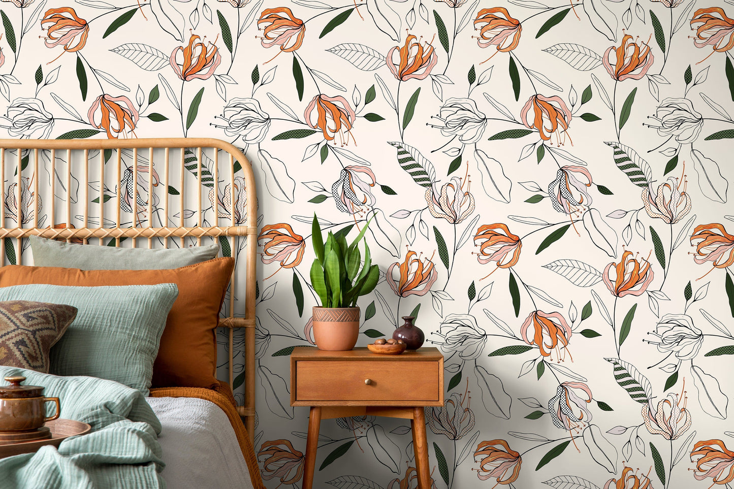 Boho Lily Flower Wallpaper / Peel and Stick Wallpaper Removable Wallpaper Home Decor Wall Art Wall Decor Room Decor - D199